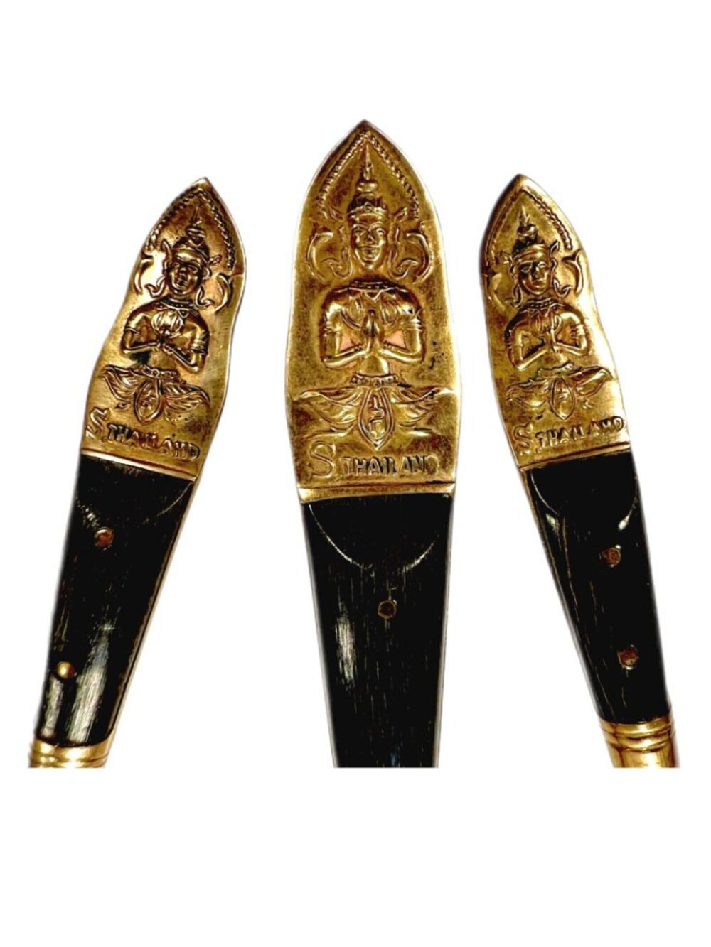VTG LOT of 3 THAILAND SIAM Brass Wood Handle Small Serving pieces oyster spoon - Picture 2 of 7